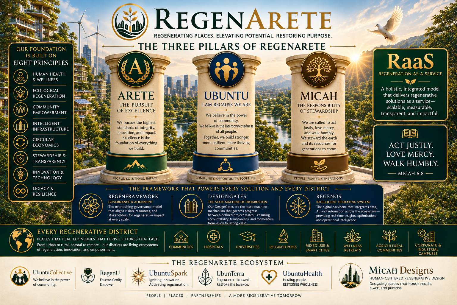 The complete RegenArete framework built around the pillars of Arete, Ubuntu, and Micah